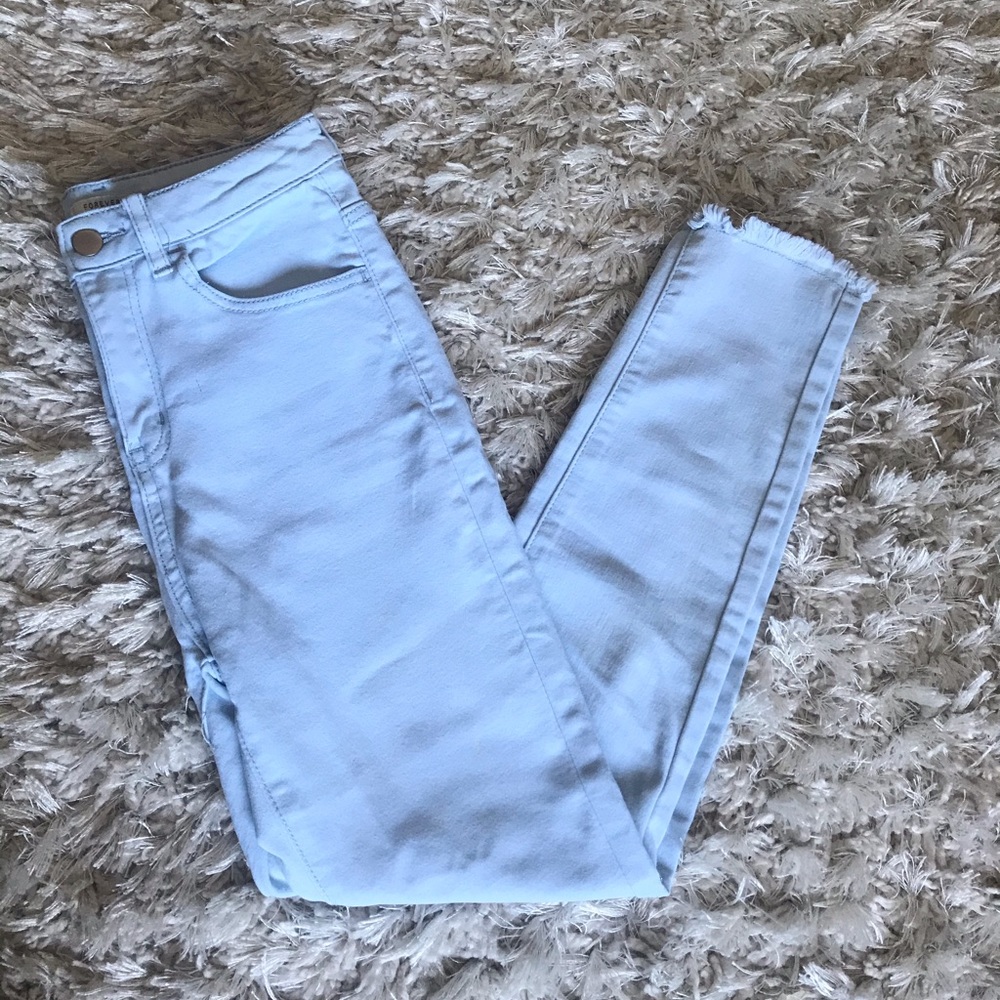 Light was blue jean with frayed hem